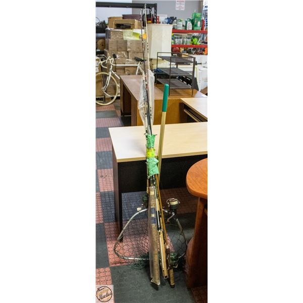 LOT OF FISHING RODS AND NET