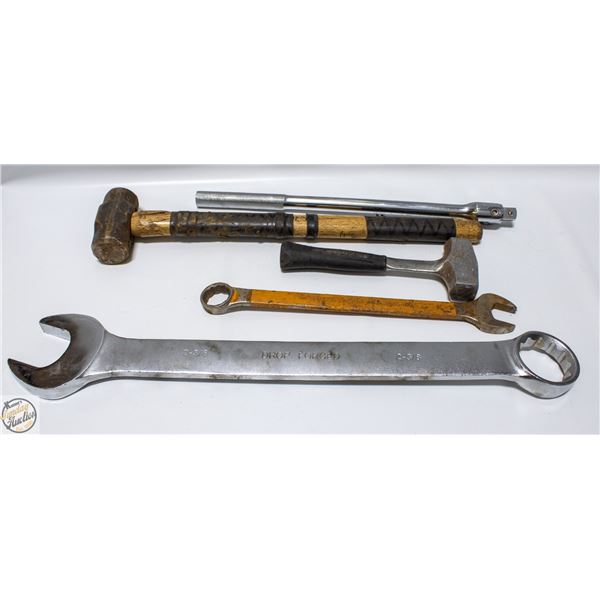 BOX WITH TWO 3/8" WRENCH, SLEDGE HAMMERS ETC.