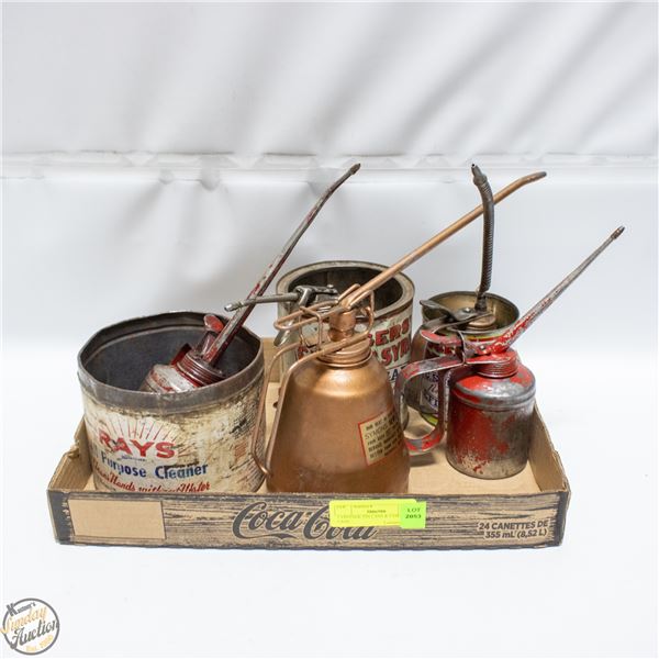 3 VINTAGE TIN CANS & 5 OIL SPOUT CANS