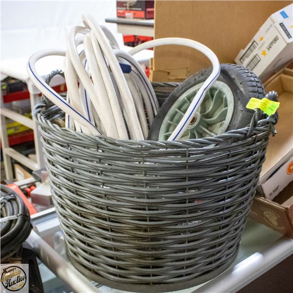 20" WICKER BASKET WITH SPARE GARDEN WHEELS & HOSE