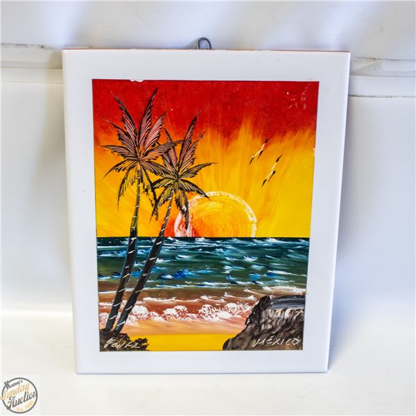 HAND PAINTED 10” X 9” WHITE TILE MEX. LANDSC.