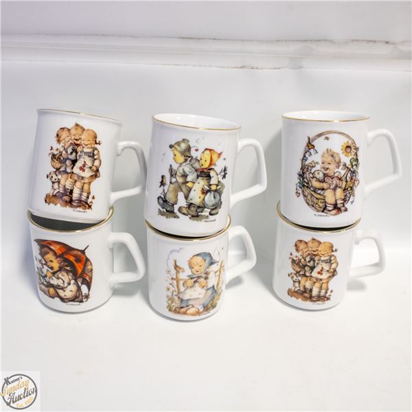 6 GOLD TRIMMED M.J. HUMMEL COFFEE MUGS