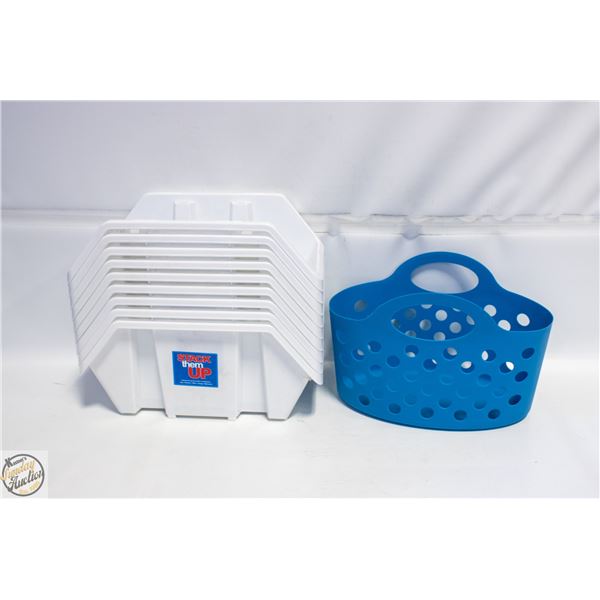 9 STACKING STORAGE BINS & BLUE PLASTIC
