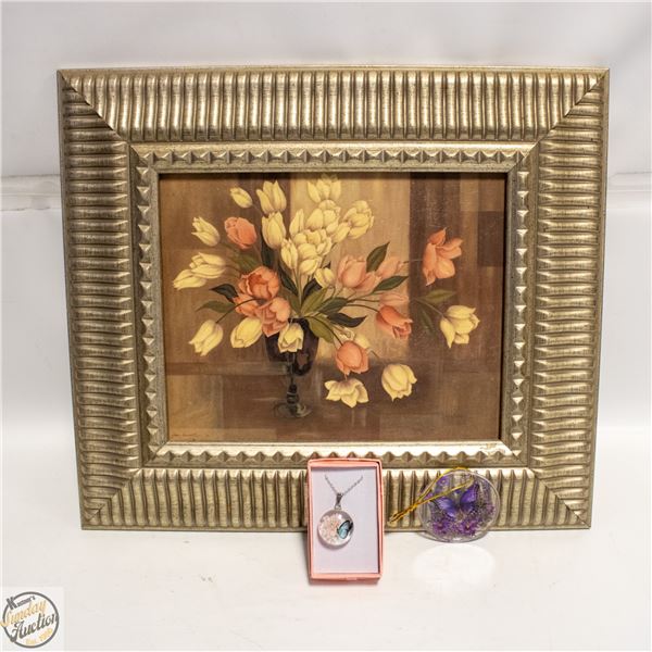 16” X 14” FRAMED FLORAL BOUQUET,  BUTTERF.