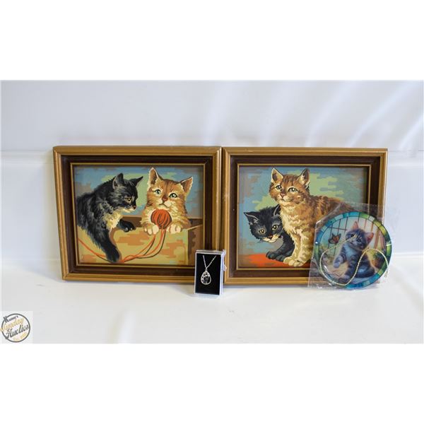 VTG. PBN CAT PAINTINGS, CAT NECK. & CAT SUNC.