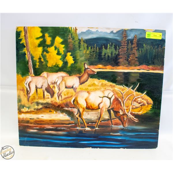 OIL PAINTING OF DEER AT STREAM