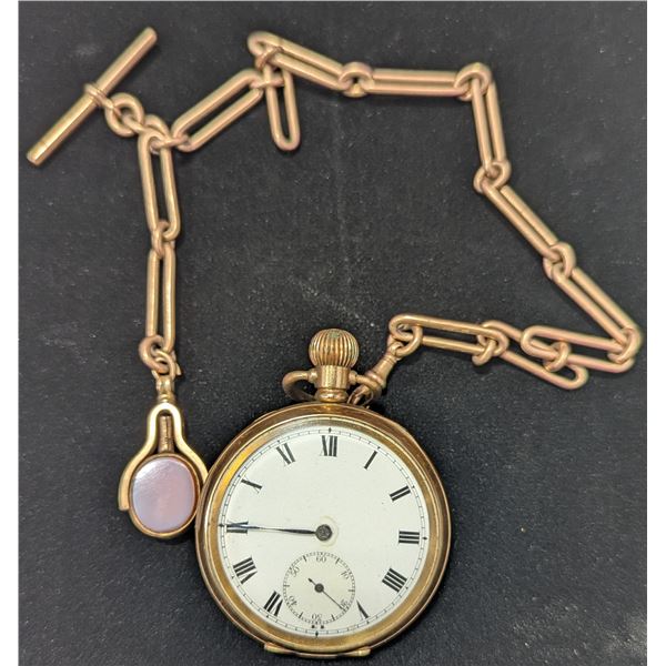 Moon English Made 2 Plates of 10 Kt. Gold Pocket Watch Case w/ Chain & Swiss Made Interior