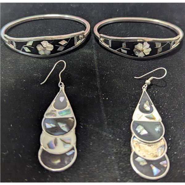 Mexican Silver & Abalone Shell Lot w/ 2 Bracelets & Pair of Earrings