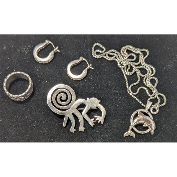 Sterling Lot w/ Pair of Earrings, Ring, Brooch, & Necklace