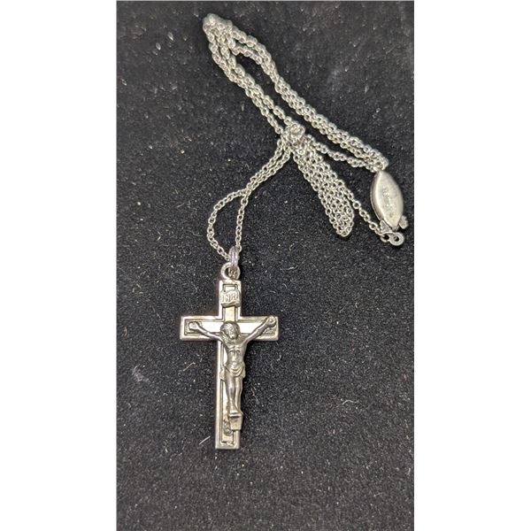 Silver Stamped Necklace w/ 925 Sterling Cross Pendant
