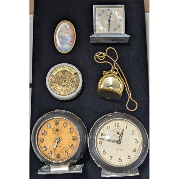 Assorted VTG Clocks, 1974-2014 Calendar, & Portrait Brooch