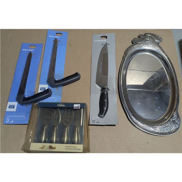 Lot of IKEA Knives, Trudeau Cheese Knives, & Cromargan Stainless Chicken Tray