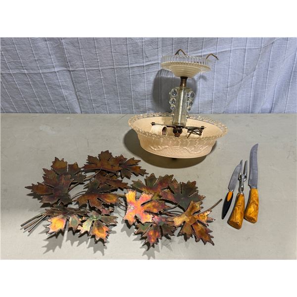 Metal Leaf Art, VTG Ceiling Light, & Wood Handle Carving Set