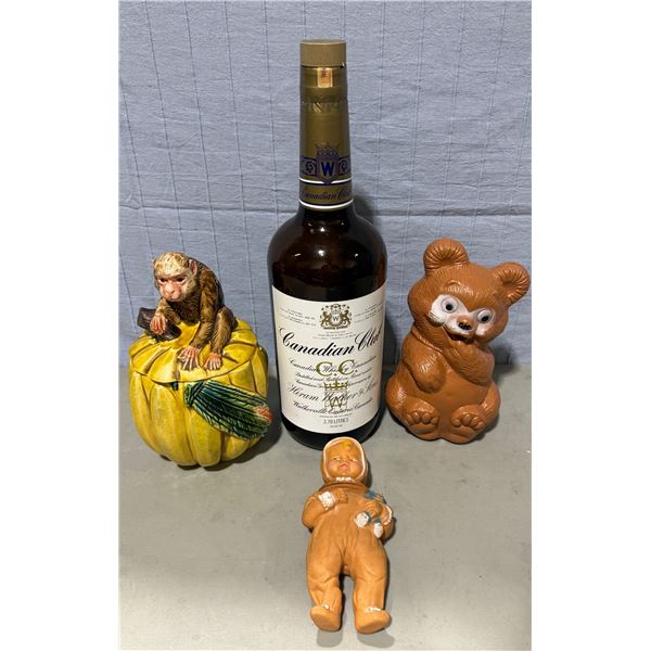 VTG Variety Lot w/ Reliable Blow Mold Bear Coin Bank, Rubber Doll, & More