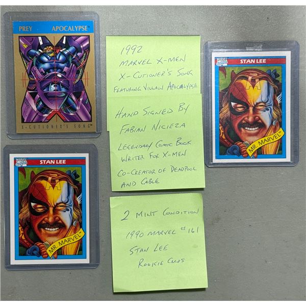 1992 Marvel X-Men Card Autographed by Fabian Nicieza & 2 1990 Marvel #161 Stan Lee Rookie Cards