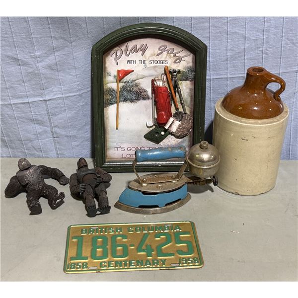 VTG Variety Lot w/ King Kong Figure, Clothes Iron, Crock, License Plate, & More