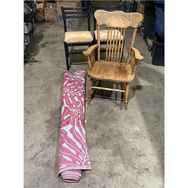 VTG Wooden Rocking Chair, 2 Woven Seat Chairs, & Outdoor Rug