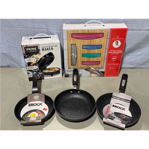 3 The Rock Pans, Bag Organizer, & Omelet/Frittata Maker