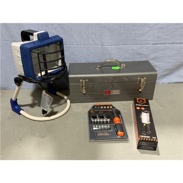 2 Worklights, Craftsman Metal Toolbox, & Socket/Bit Driver