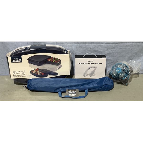 Outdoor Lot w/ BBQ Prep & Serve Tray, Outdoor Canopy, Bladeless Sports Neck Fan, & Blue Fan