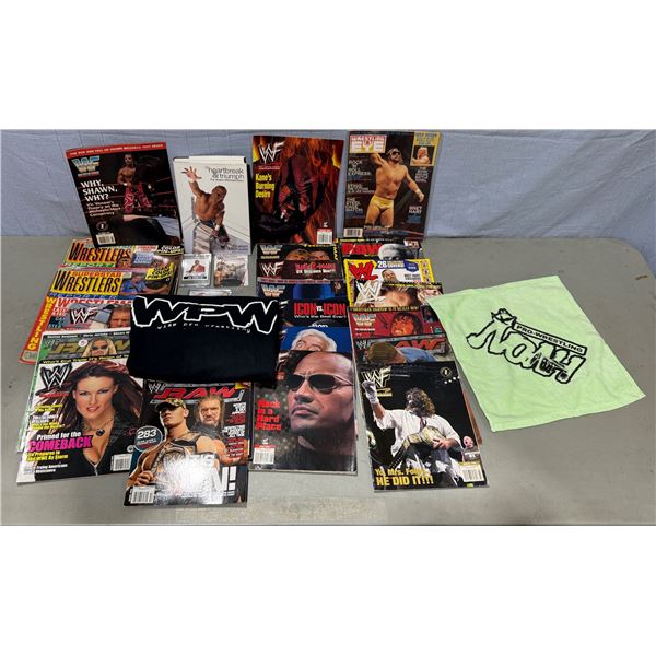 Lot of Assorted Wrestling Magazines, T-Shirt, & Towel