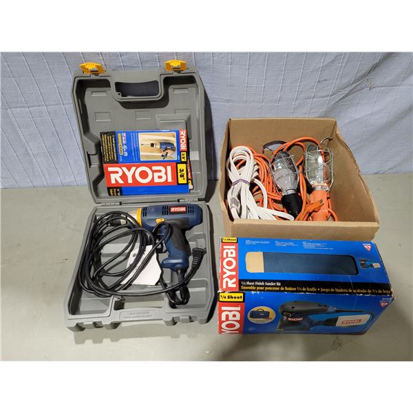 Ryobi Drill, Sheet Finish Sander, Extension Cords, & Worklights