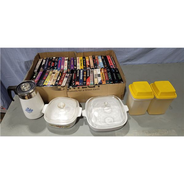 Lot of Assorted VHSs, Corning Ware, & Plastic Kitchen Cannisters