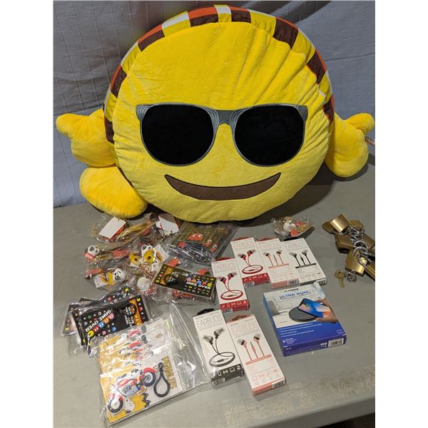 Large Emoji Plush, PacMan and Snoopy Keychains, Earbuds and Locks
