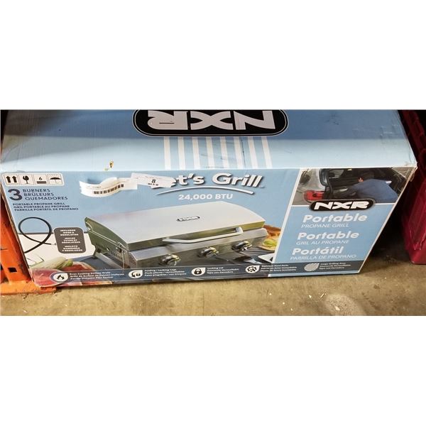 AS NEW NXR 3 BURNER PORTABLE TABLE TOP GAS BBQ, 24,000BTU