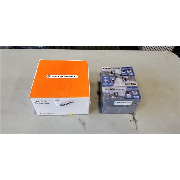 NEW SET OF 3 LE CREUSET STONEWARE MUGS IN GREY, AND 3 LION LOCKBOX FOR KEYS