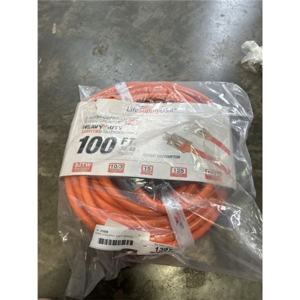 AS NEW LIFESUPPLY 100FT ORANGE  INDOOR OUTDOOR 3 WIRE GROUNDED AND LIGHTED EXTENSION CORD, 10AWG