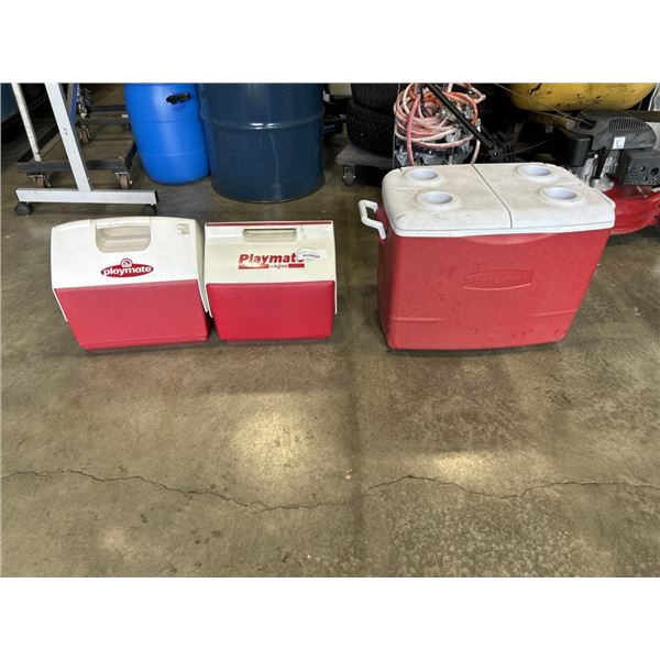 RUBBERMAID COOLER AND 2 IGLOOR PLAYMATE COOLERS