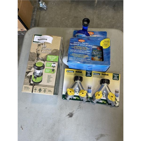 WOODS CAMP LIGHT, GARDEN FEEDER KIT, AND 2 HOSE CONNECTORS