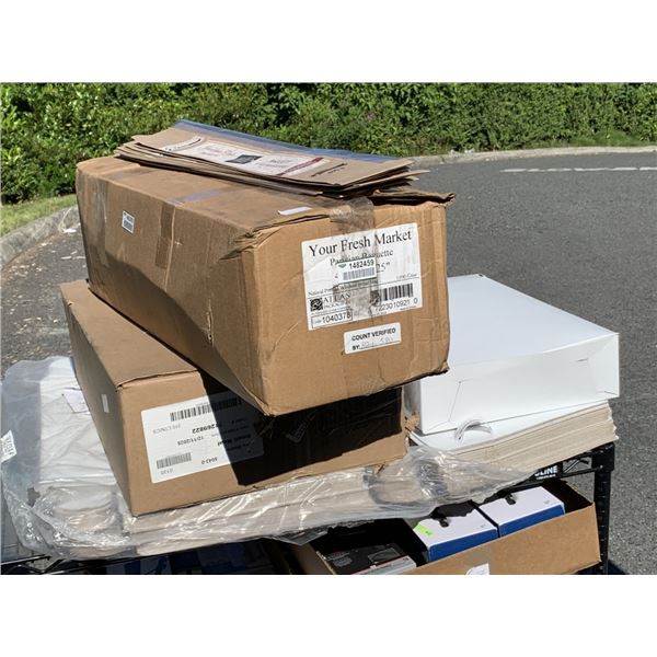 BAGUETTE BAGS, BOX OF CARDBOARD TAKE OUT CONTAINERS & STACK OF CARDBOARD BAKERY BOXES