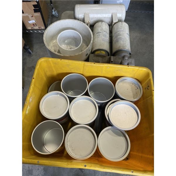 ASSORTED METAL STORAGE CANNISTERS, AIR TANK, ABS PLASTIC ENDS, LARGE ONE IS 14 INCH AND SET OF MANN 