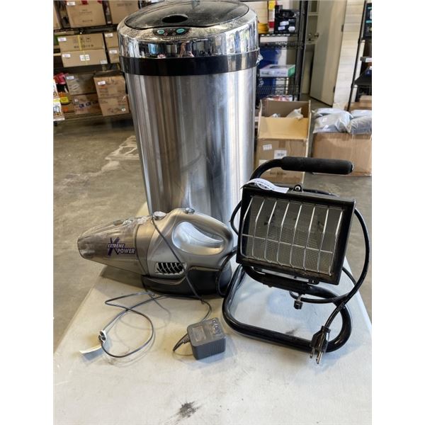 STAINLESS GARBAGE CAN, HALOGEN LIGHT AND DIRT DEVIL VAC