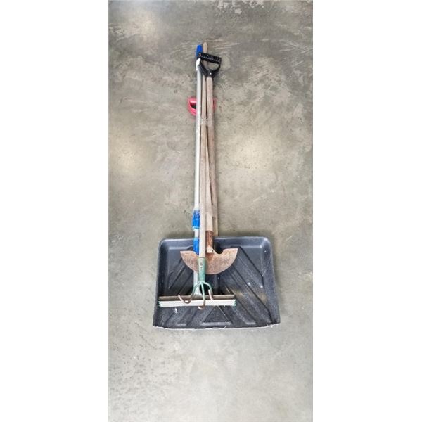 LOT OF TOOLS INCLUDING TRIMMER, SNOW SHOVEL, SNOW SHOVEL