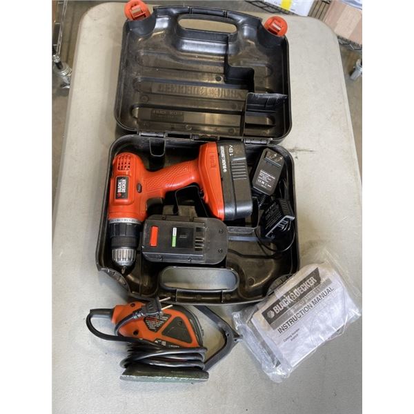 BLACK AND DECKER DRILL IN CASE W/ BATTERY AND PALM SANDER