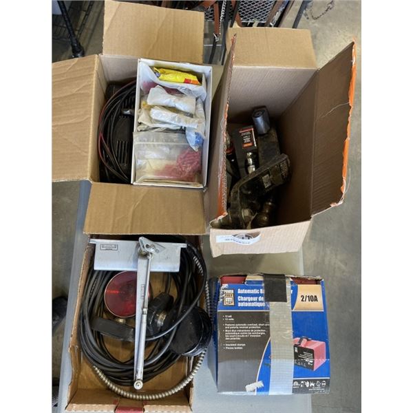 LARGE LOT OF HITCHES, JUMPER BOX, CAR LIGHTS, ETC