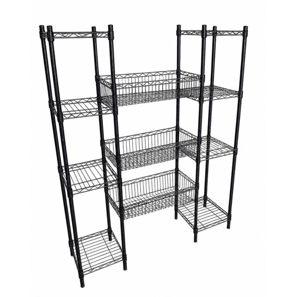 BRAND NEW BLACK 4 TIER STORAGE RACK W/ SHELVES AND STORAGE BASKETS - 60" TALL, 50" WIDE, 14" DEEP