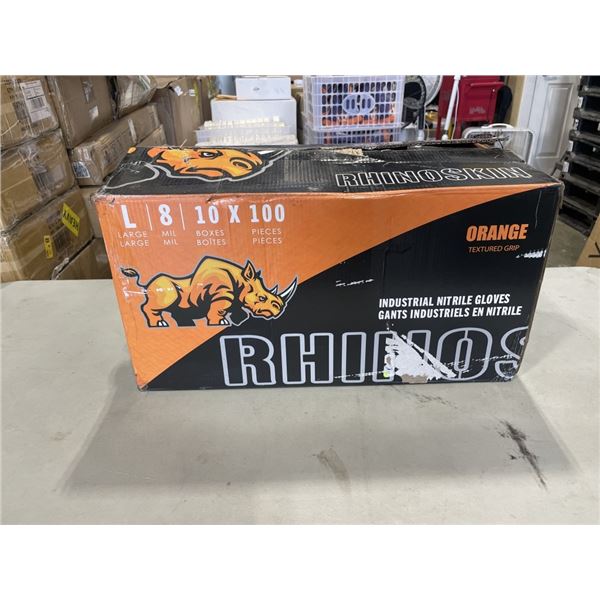 NEW CASE OF RHINO SKIN SIZE LARGE 8 MIL GLOVES, 10 BOXES OF 100