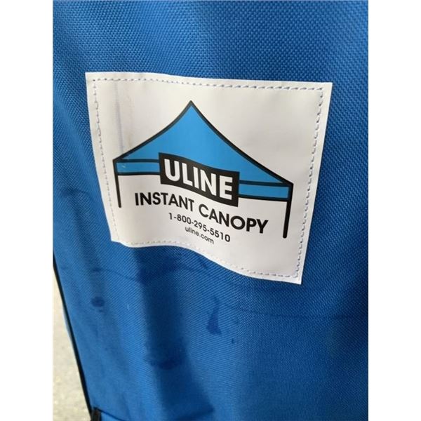 NEW 10FT X 10FT ULINE ALUMINUM FRAME POPUP CANOPY AND WALL WITH SKIP THE DISH BRANDING  AND CARRY BA