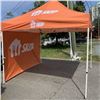 Image 2 : NEW 10FT X 10FT ULINE ALUMINUM FRAME POPUP CANOPY AND WALL WITH SKIP THE DISH BRANDING  AND CARRY BA