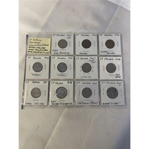 11 SPECIAL CANADIAN COLLECTIBLE NICKELS 1937 DOT, 1942, 1943 TOMBACS 1944, 1945 VICTORY ETC