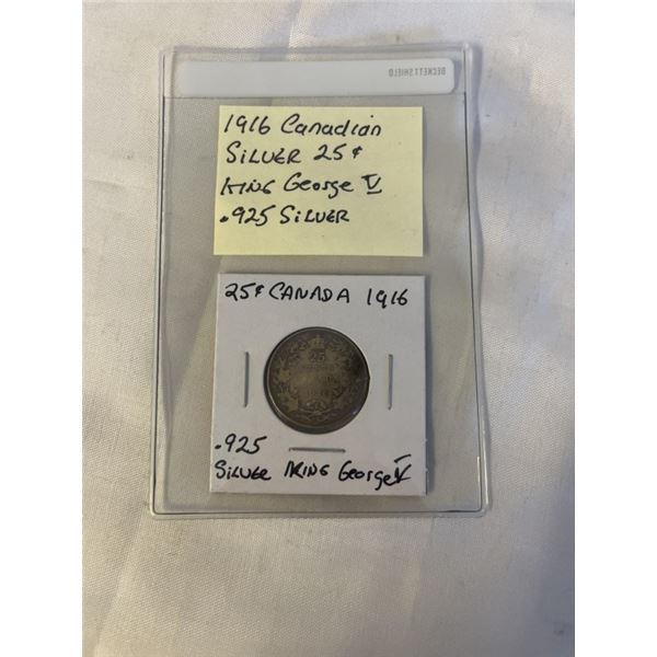 1916 CANADIAN SILVER 25 CENT KING GEORGE V .925 SILVER