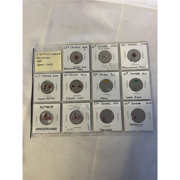 11 SPECIAL COLOURED CANADIAN COLLECTIBLE 25 CENT COINS 2004-2013