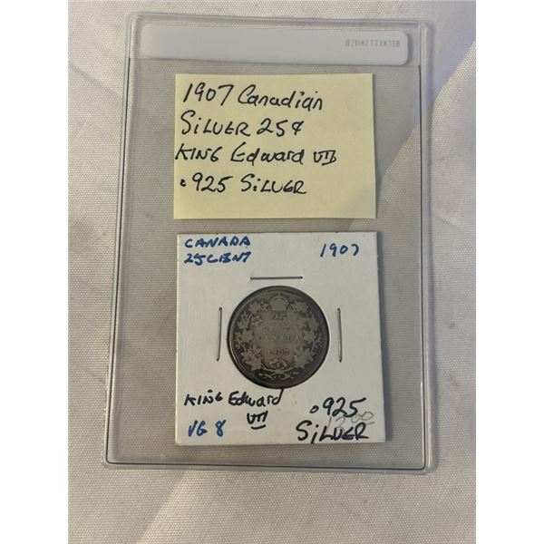 1907 CANADIAN SILVER 25 CENT KING EDWARD VII .925 SILVER