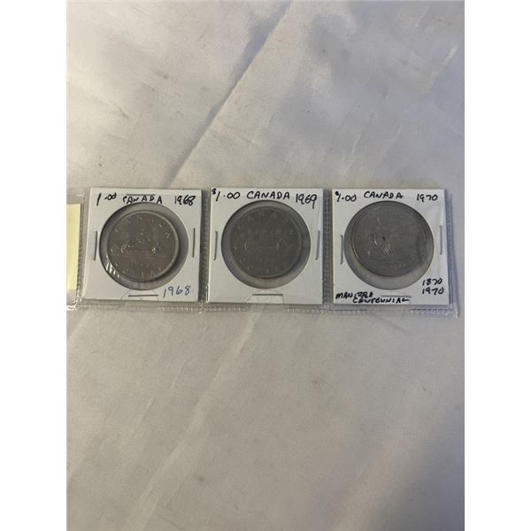3 CANADIAN DOLLARS 1968, 1969, 1970 MANITOBA CENTENNIAL