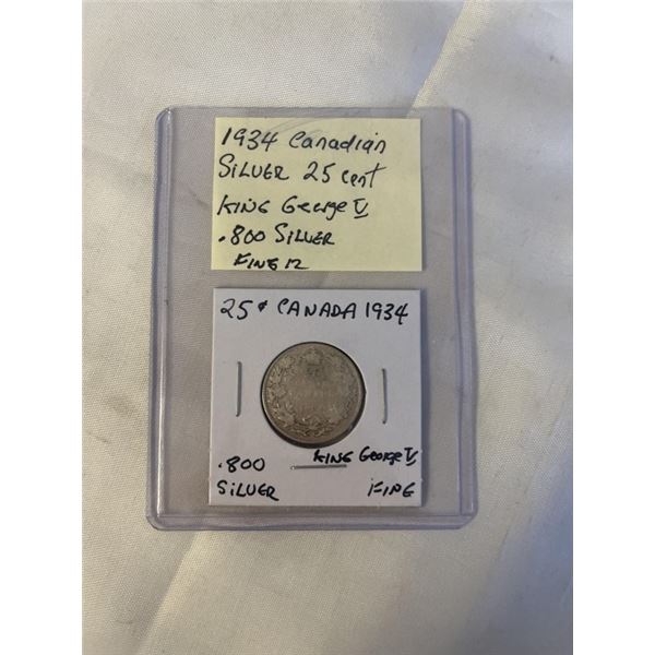 1934 CANADIAN SILVER 25 CENT KING GEORGE V .925 SILVER