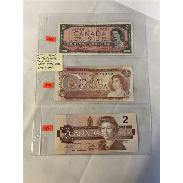 LAST 3 ISSUES OF CANADIAN $2 BILLS 1954, 1974, 1986 LAST YEAR